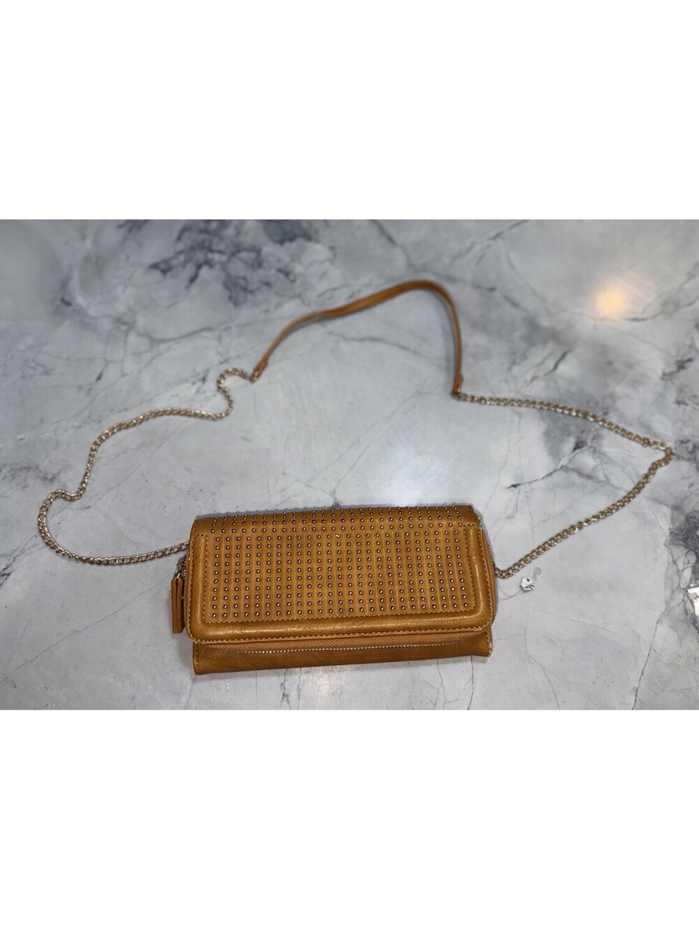 Madison West Charlotte Mustard Studded Crossbody Wallet Clutch Chain Strap NEW